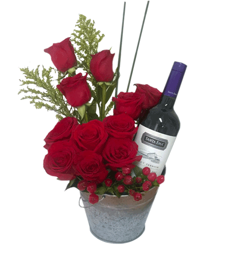 Florero Galvanizado en 12 rosas y vino 750cc